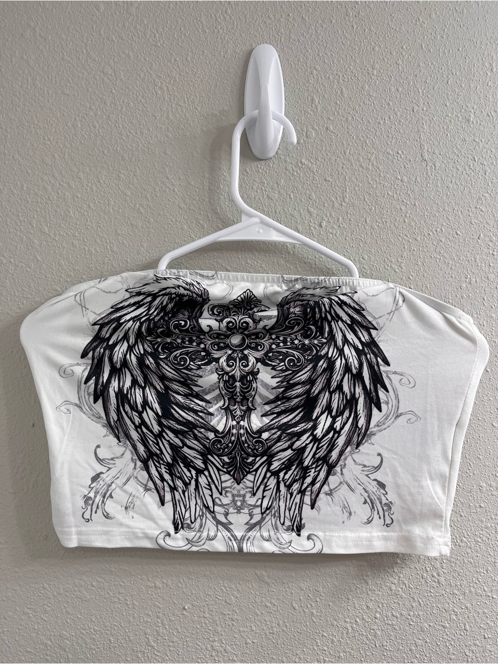 ROMWE White Strapless Crop Top with Black Angel Wing Print